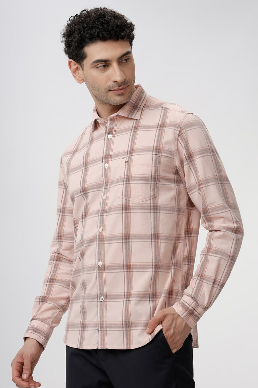 BASICS SLIM FIT CLOUD PINK COTTON CORDUROY CHECKS SHIRT