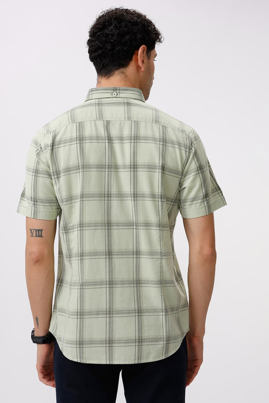 BASICS SLIM FIT GLEAM GREEN COTTON CORDUROY CHECKS HALFSLEEVES SHIRT