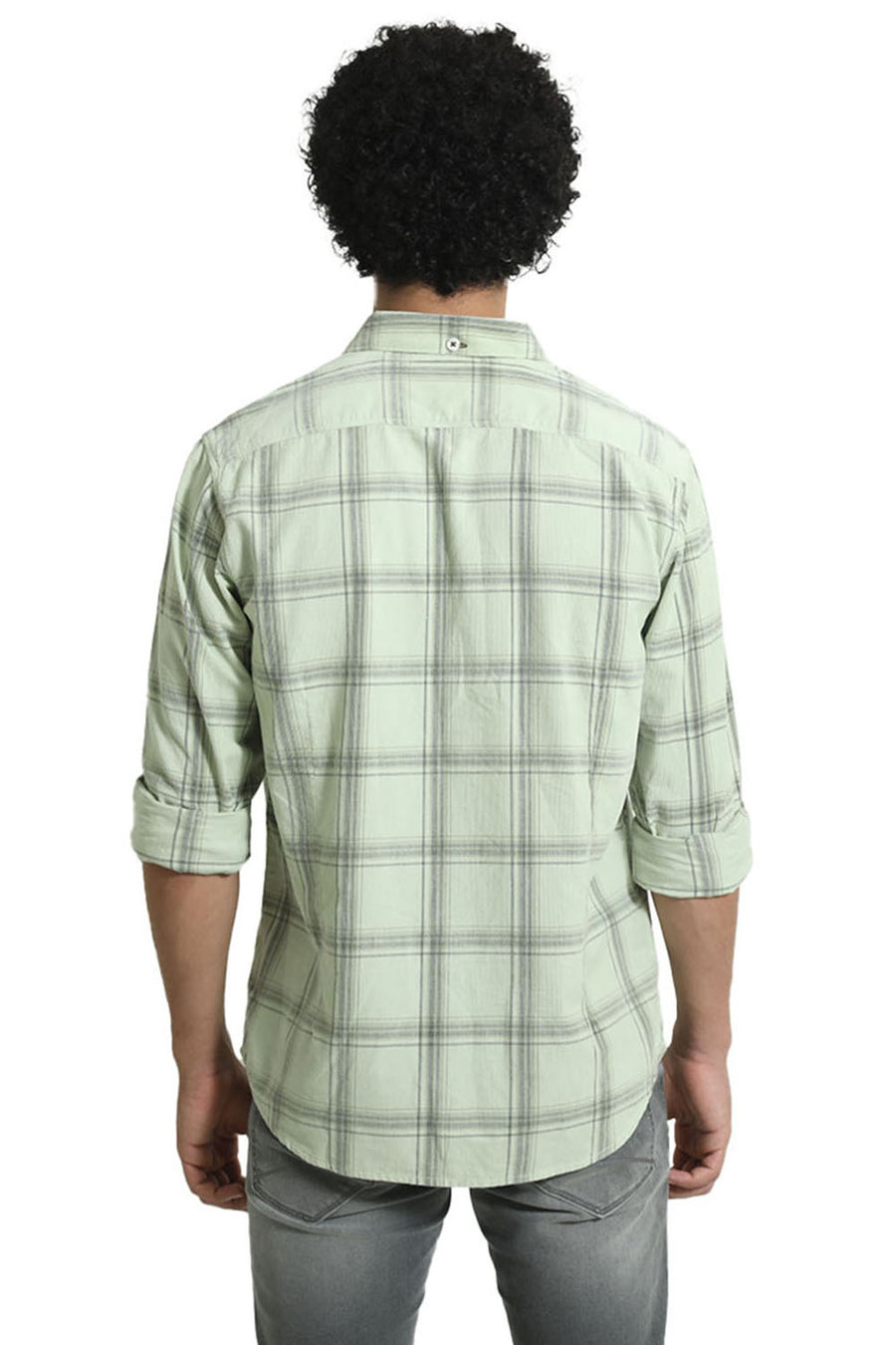 BASICS SLIM FIT GLEAM GREEN COTTON CORDUROY CHECKS SHIRT