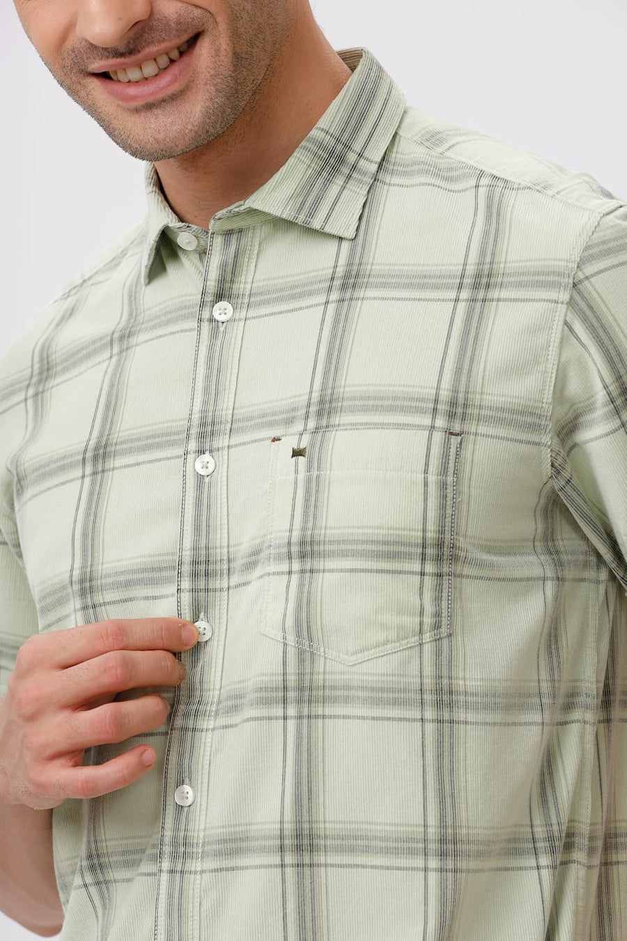 BASICS SLIM FIT GLEAM GREEN COTTON CORDUROY CHECKS HALFSLEEVES SHIRT