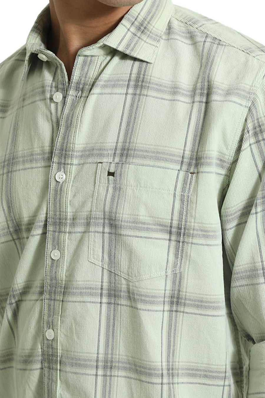 BASICS SLIM FIT GLEAM GREEN COTTON CORDUROY CHECKS SHIRT