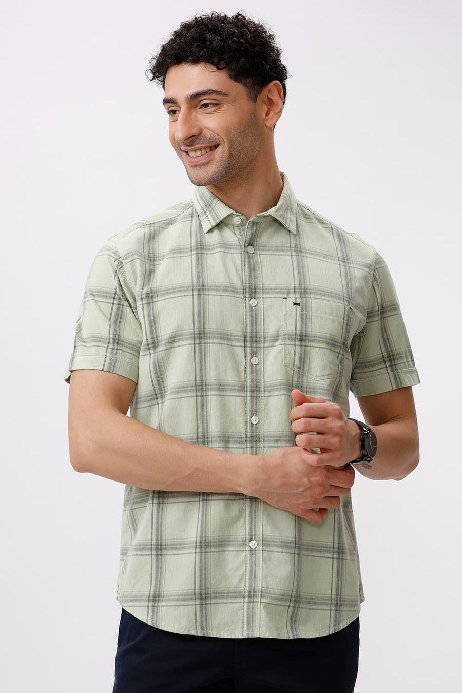 BASICS SLIM FIT GLEAM GREEN COTTON CORDUROY CHECKS HALFSLEEVES SHIRT