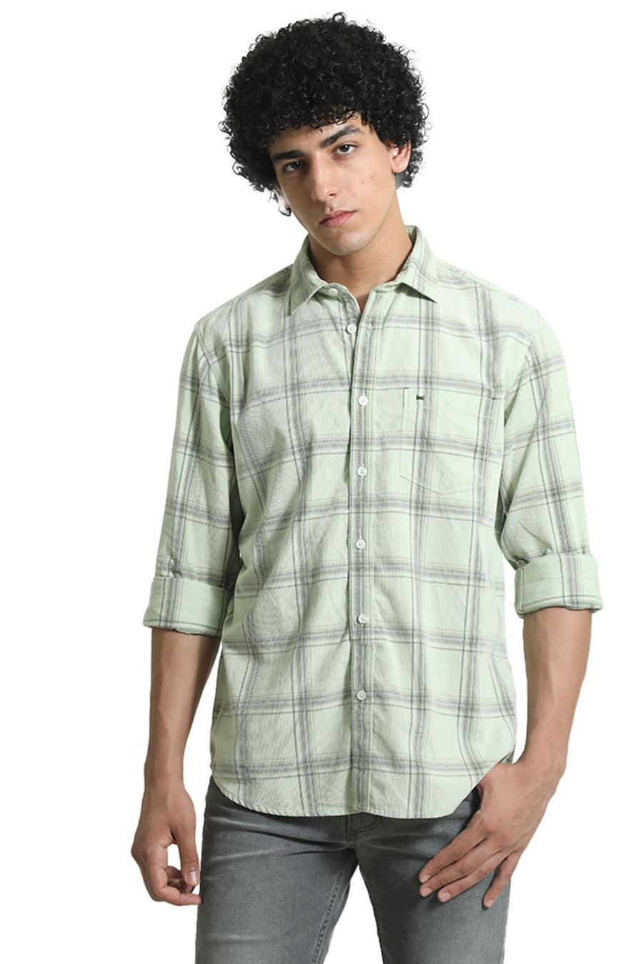 BASICS SLIM FIT GLEAM GREEN COTTON CORDUROY CHECKS SHIRT
