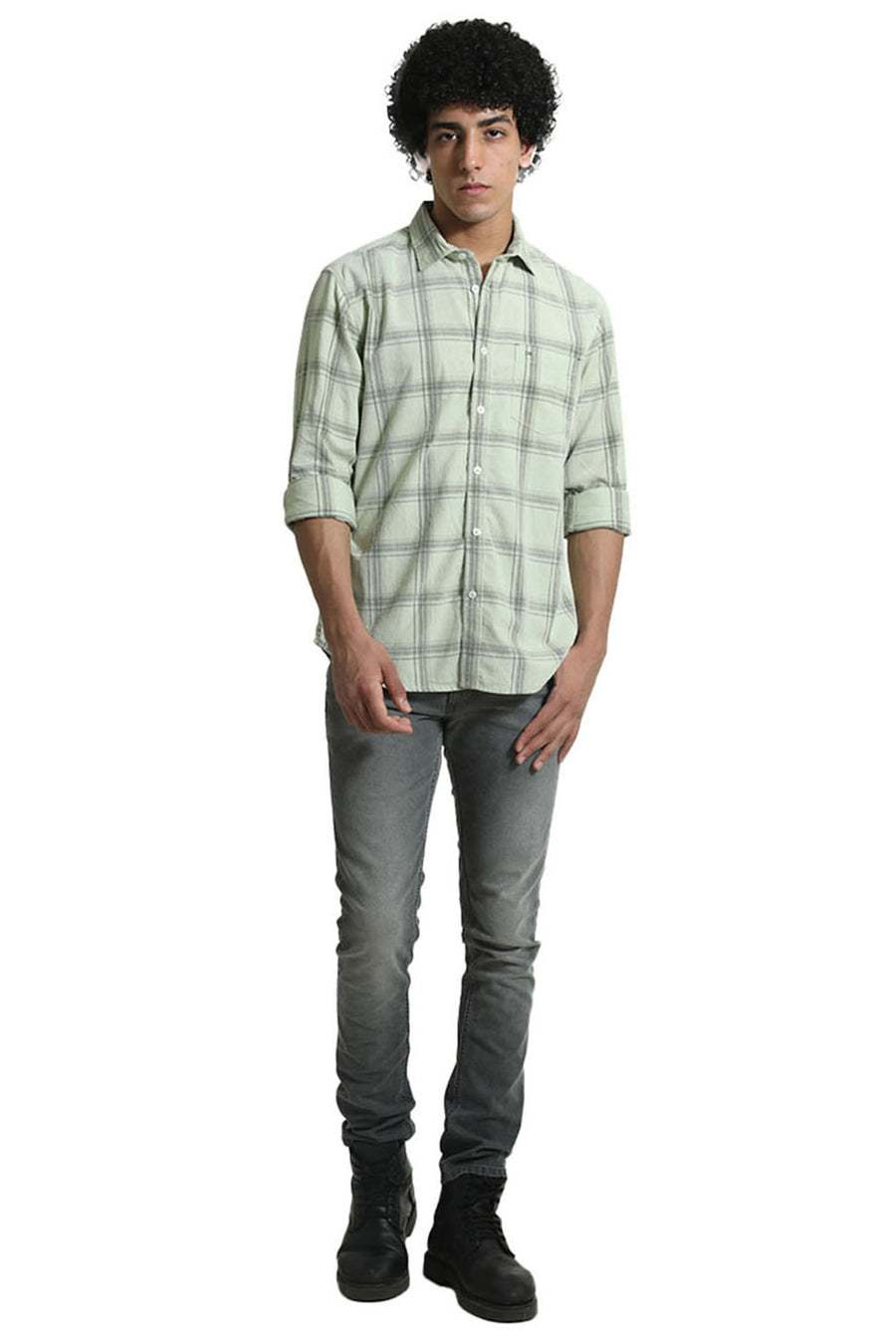 BASICS SLIM FIT GLEAM GREEN COTTON CORDUROY CHECKS SHIRT