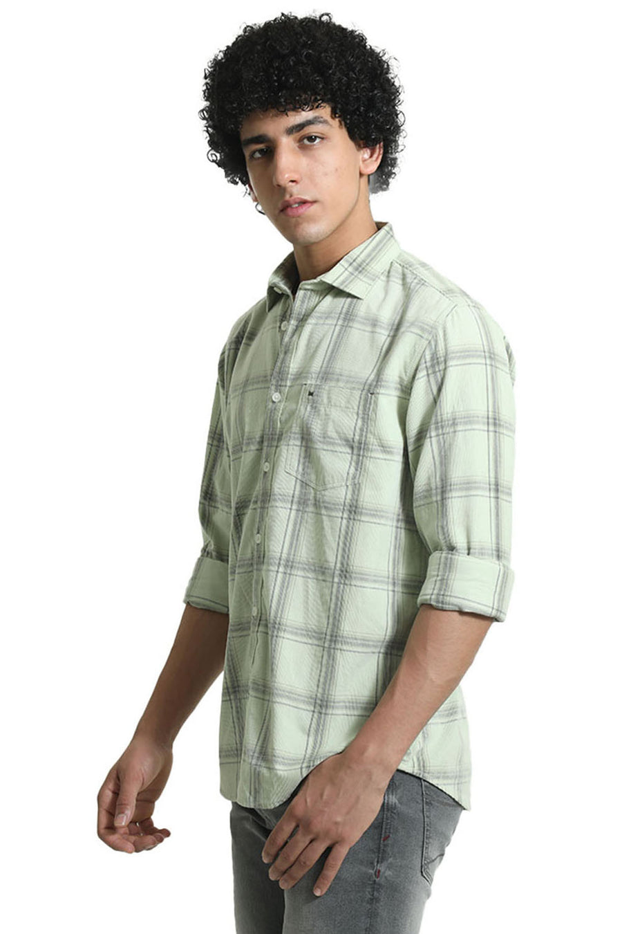 BASICS SLIM FIT GLEAM GREEN COTTON CORDUROY CHECKS SHIRT