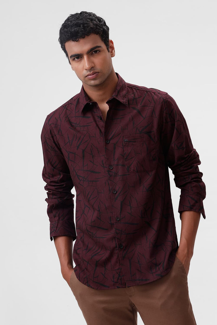BASICS SLIM FIT VINEYARD WINE COTTON CREPE PRINTED SHIRT