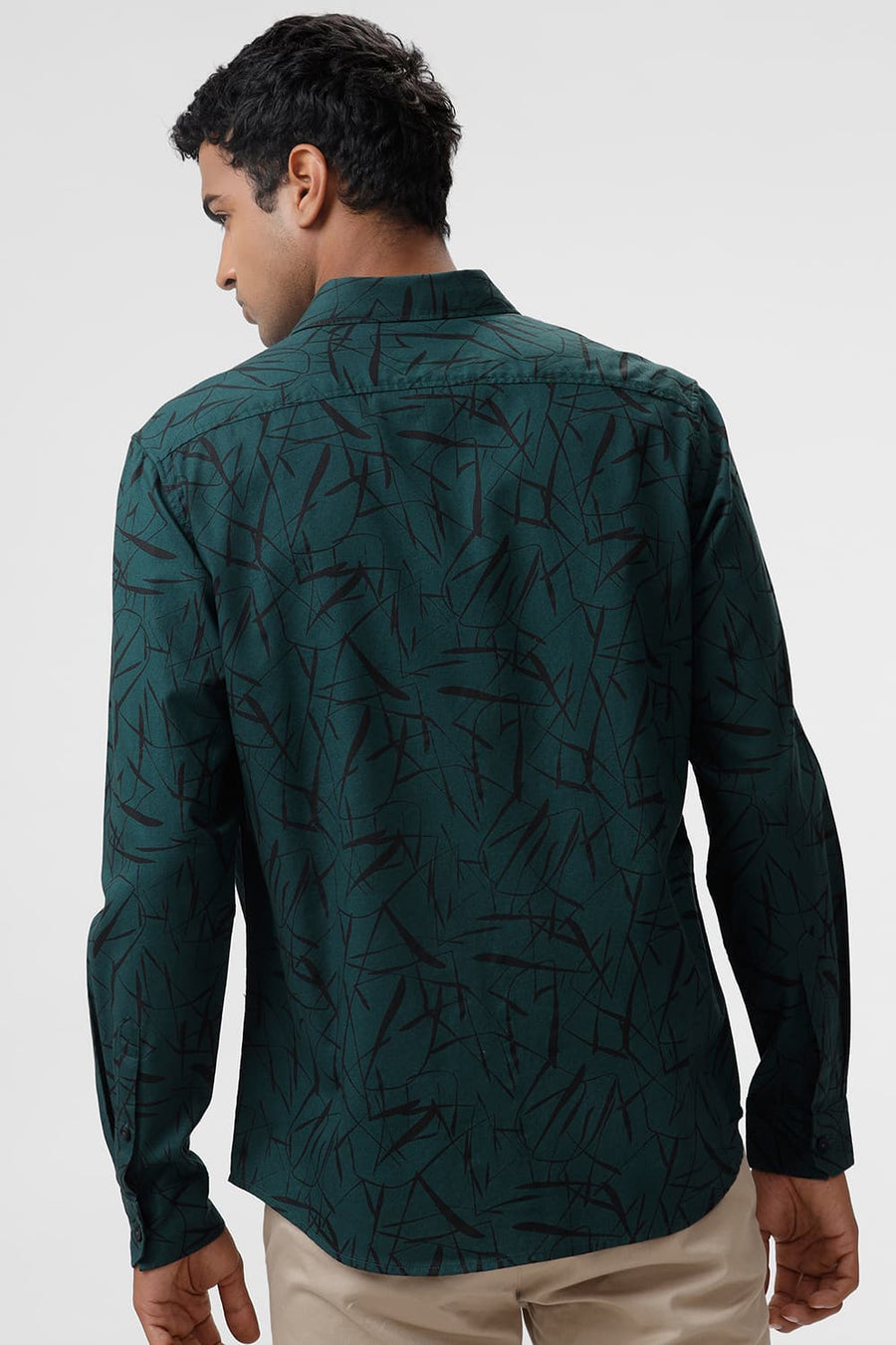 BASICS SLIM FIT FOREST GREEN COTTON CREPE PRINTED SHIRT