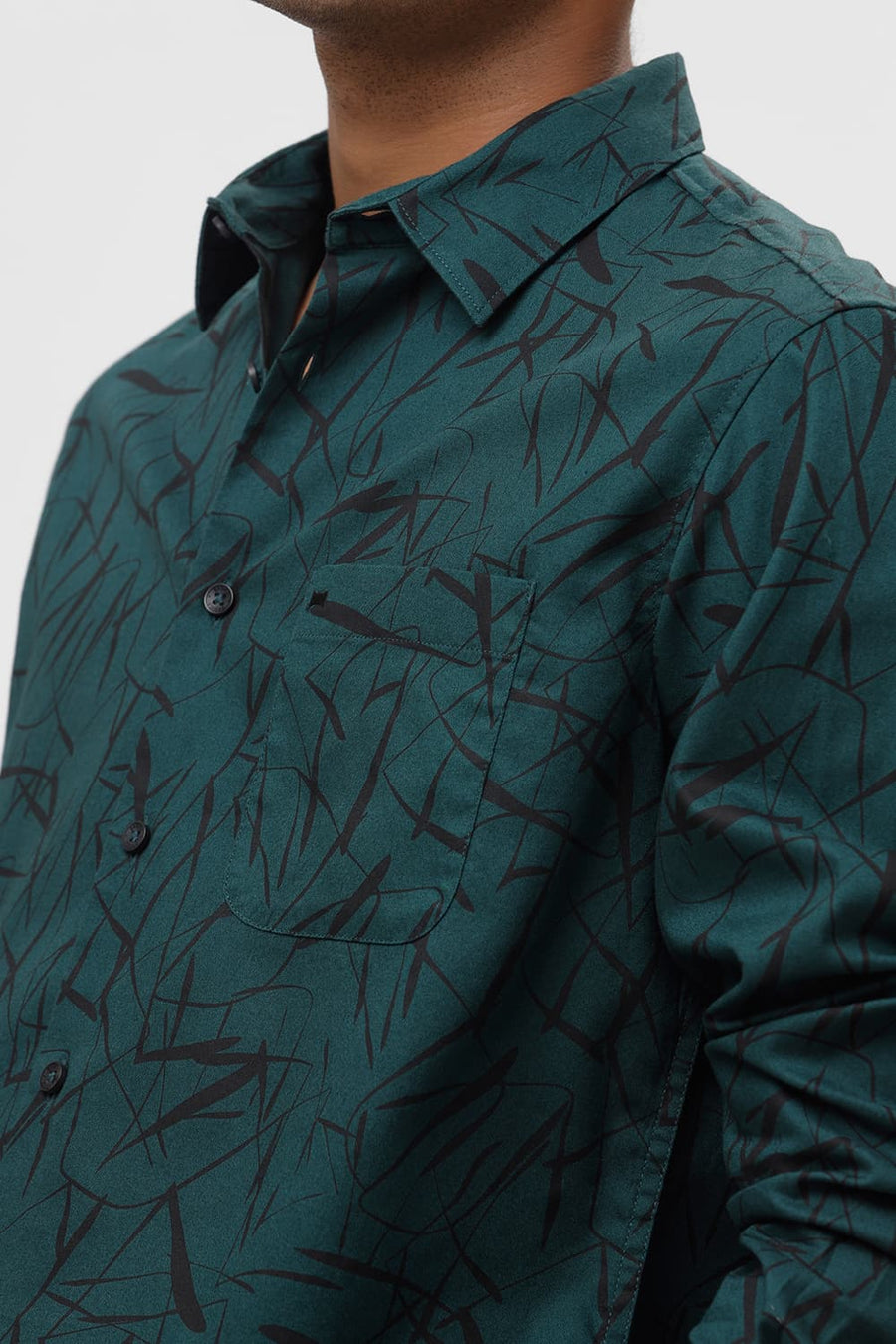 BASICS SLIM FIT FOREST GREEN COTTON CREPE PRINTED SHIRT