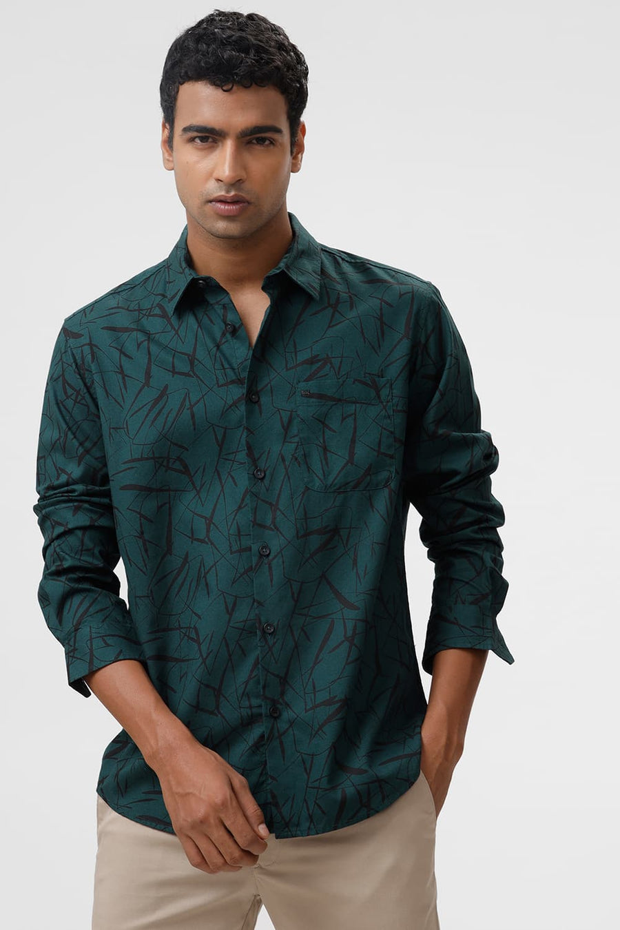 BASICS SLIM FIT FOREST GREEN COTTON CREPE PRINTED SHIRT