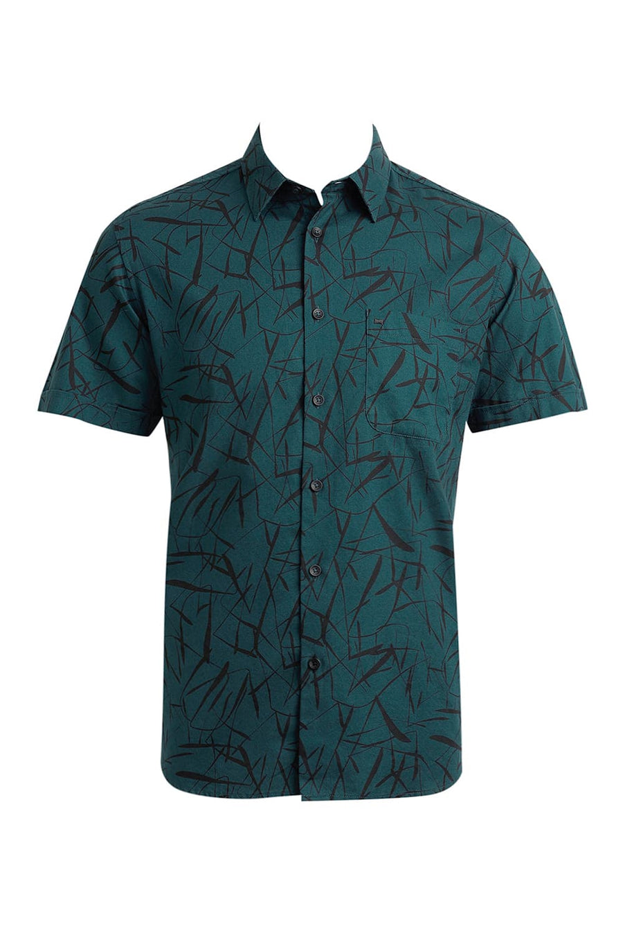 BASICS SLIM FIT FOREST GREEN COTTON CREPE PRINTED HALFSLEEVES SHIRT