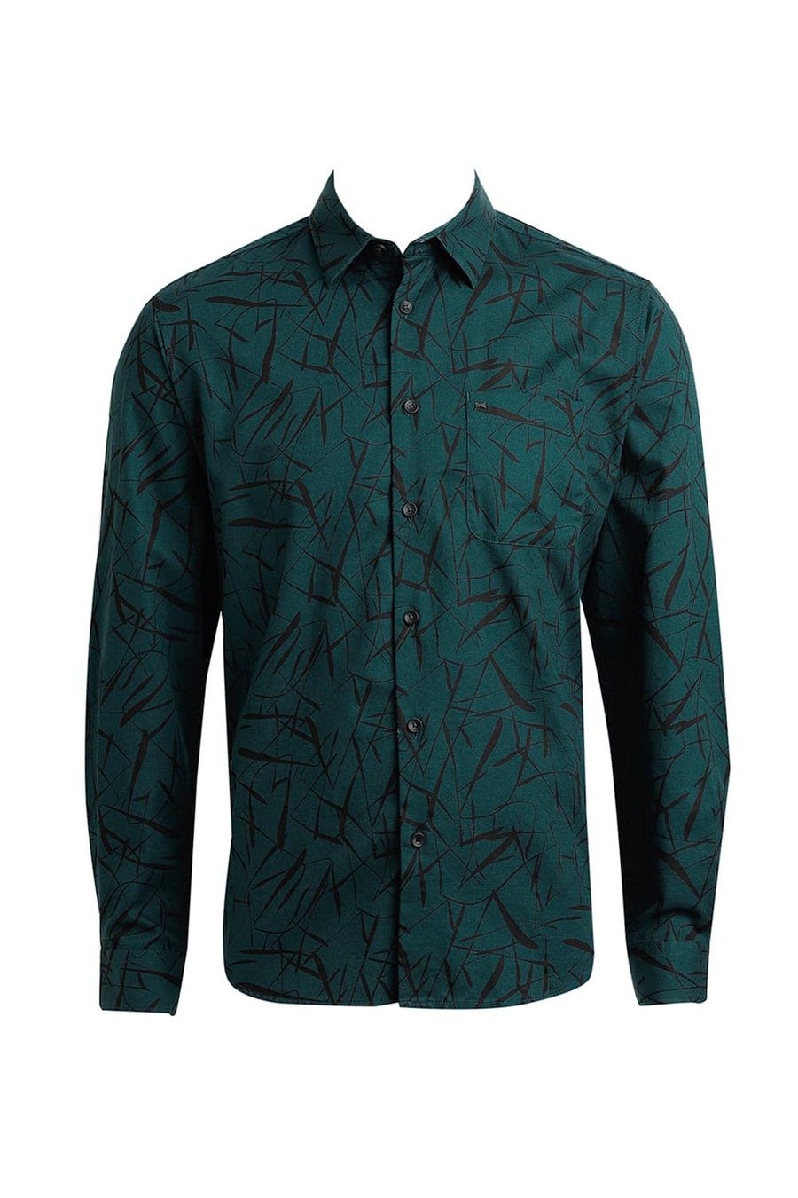 BASICS SLIM FIT FOREST GREEN COTTON CREPE PRINTED SHIRT