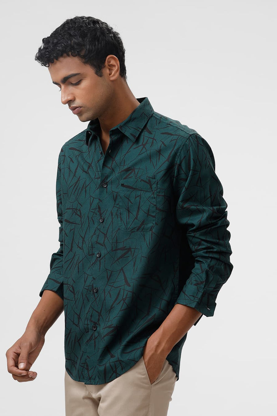 BASICS SLIM FIT FOREST GREEN COTTON CREPE PRINTED SHIRT