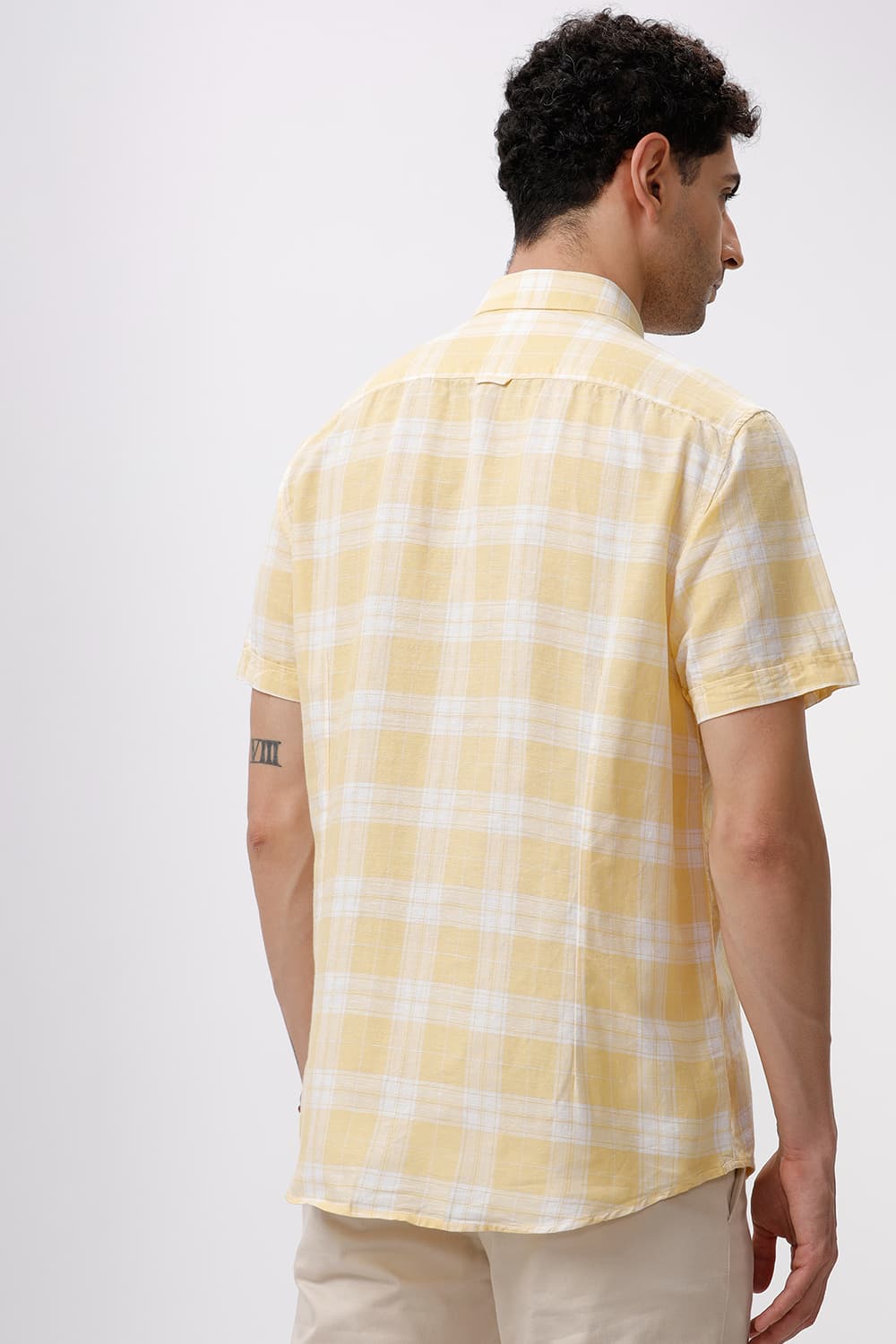 SLIM FIT COTTON LINEN CHECKS HALFSLEEVES SHIRT