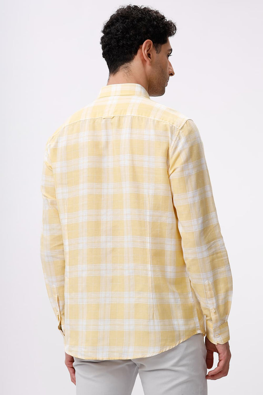 BASICS SLIM FIT YELLOW HAZE COTTON LINEN CHECKS SHIRT