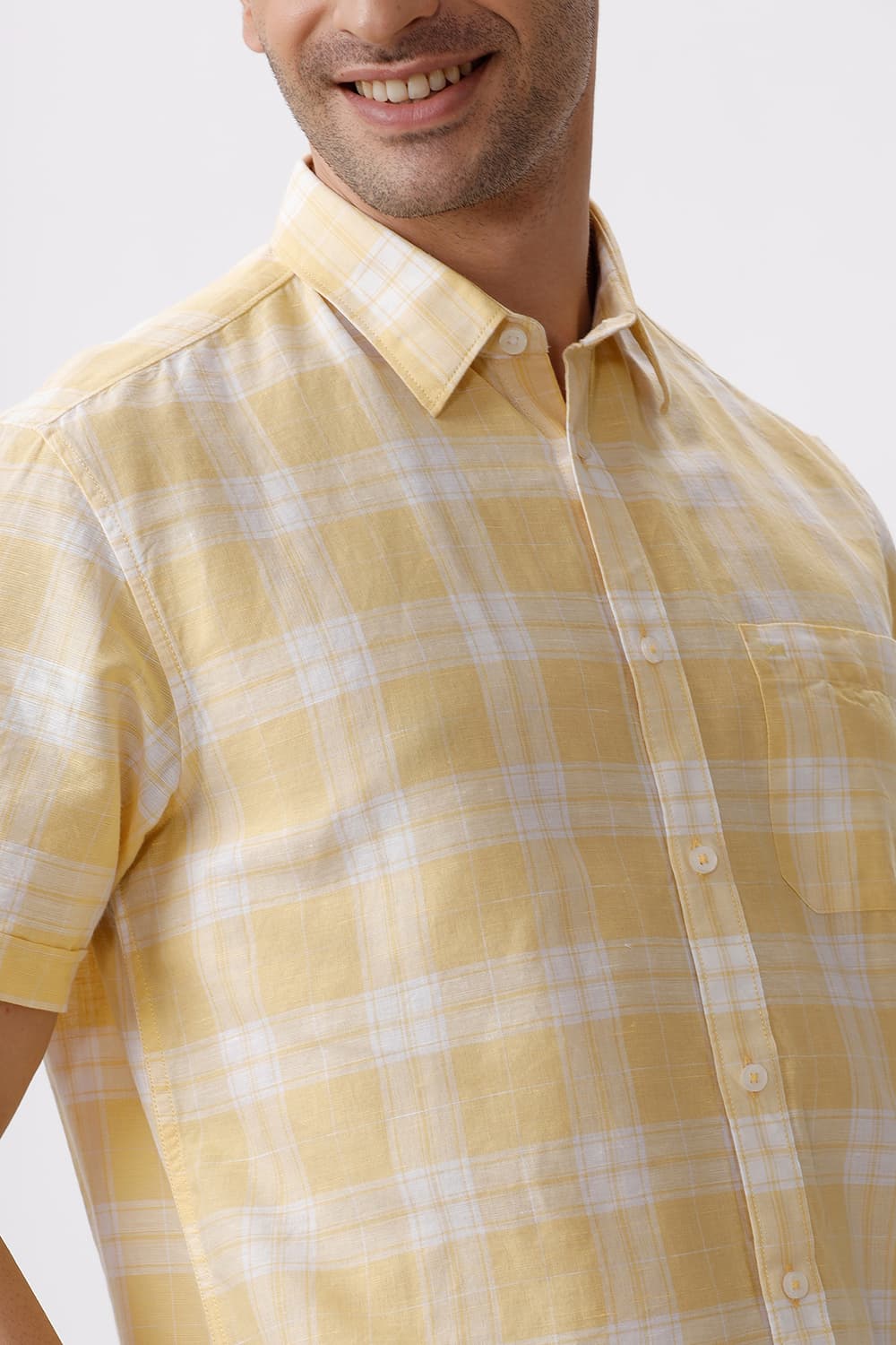 SLIM FIT COTTON LINEN CHECKS HALFSLEEVES SHIRT