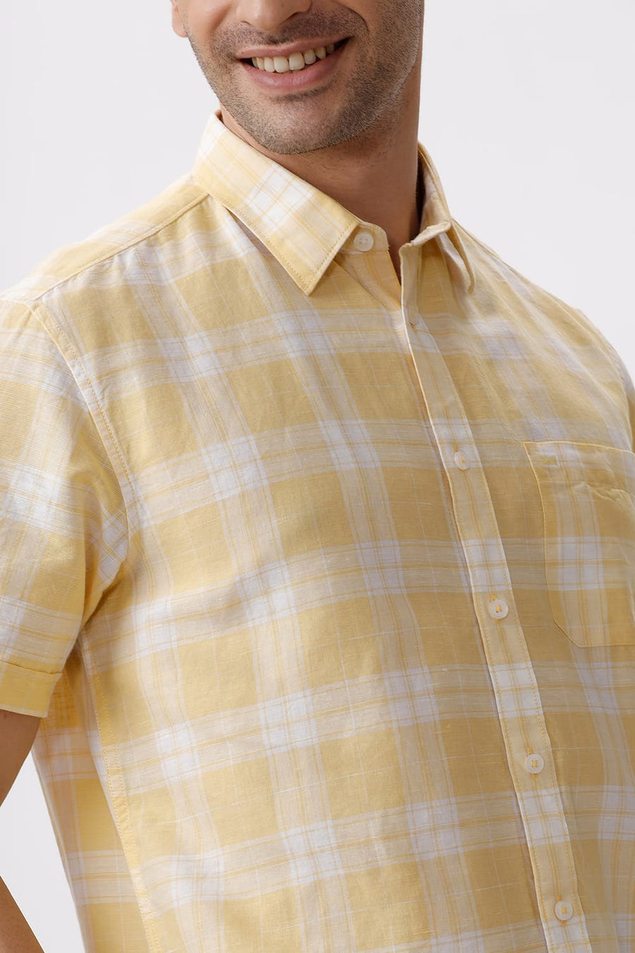 BASICS SLIM FIT YELLOW HAZE COTTON LINEN CHECKS HALFSLEEVES SHIRT