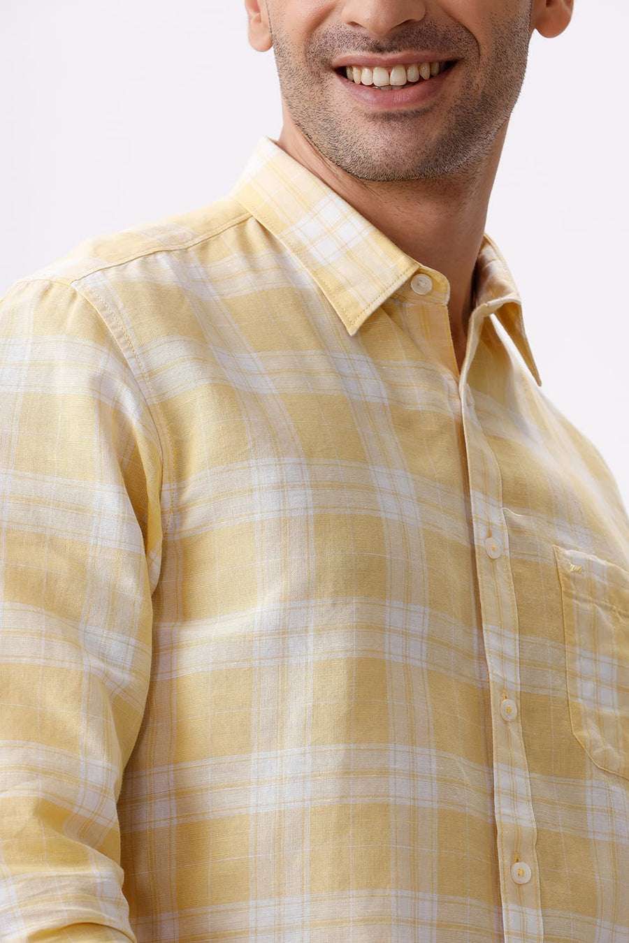 BASICS SLIM FIT YELLOW HAZE COTTON LINEN CHECKS SHIRT