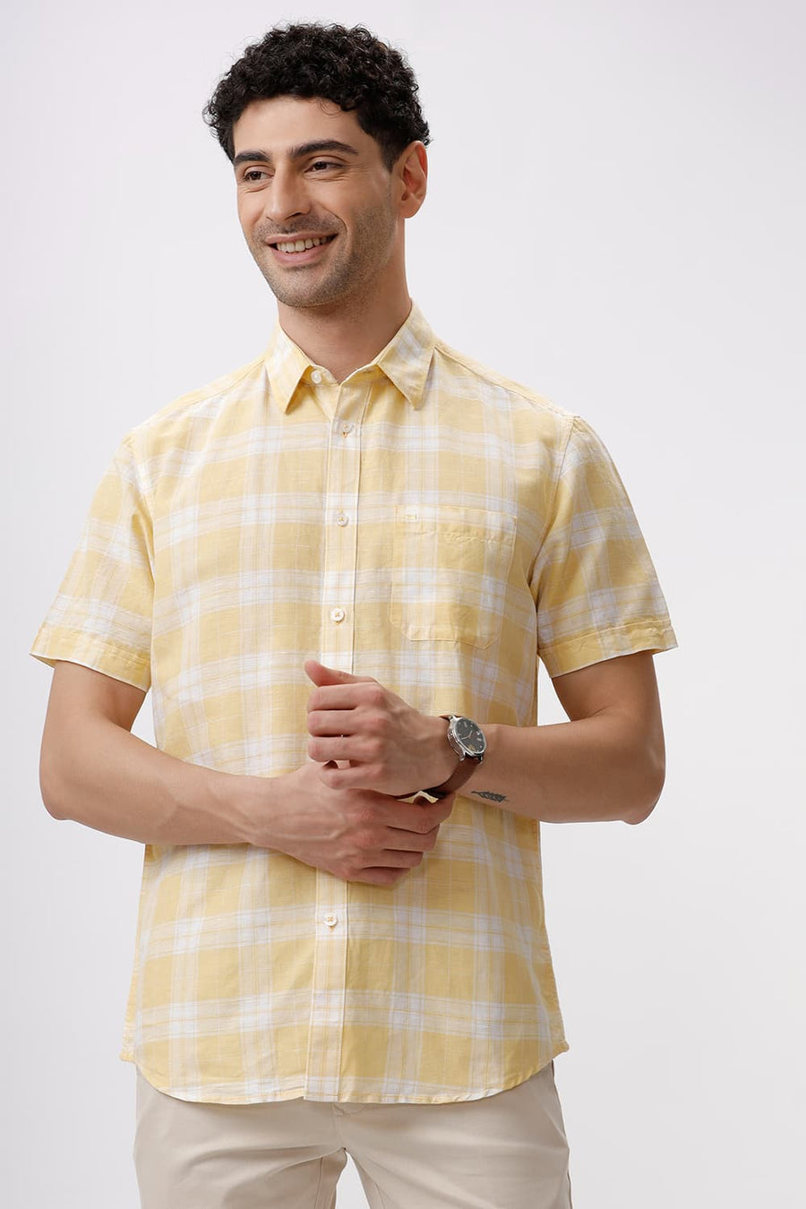 BASICS SLIM FIT YELLOW HAZE COTTON LINEN CHECKS HALFSLEEVES SHIRT