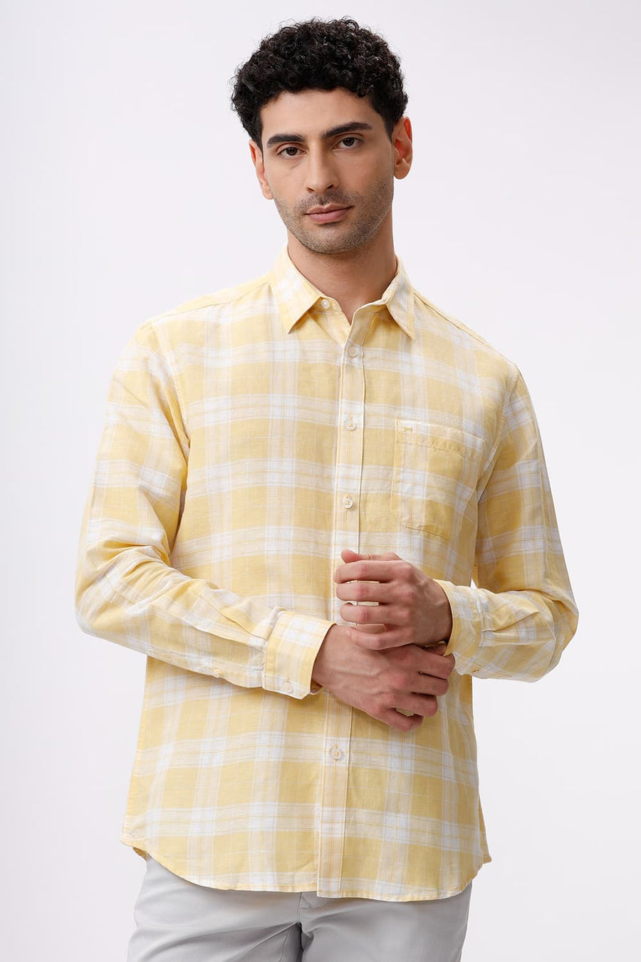 BASICS SLIM FIT YELLOW HAZE COTTON LINEN CHECKS SHIRT