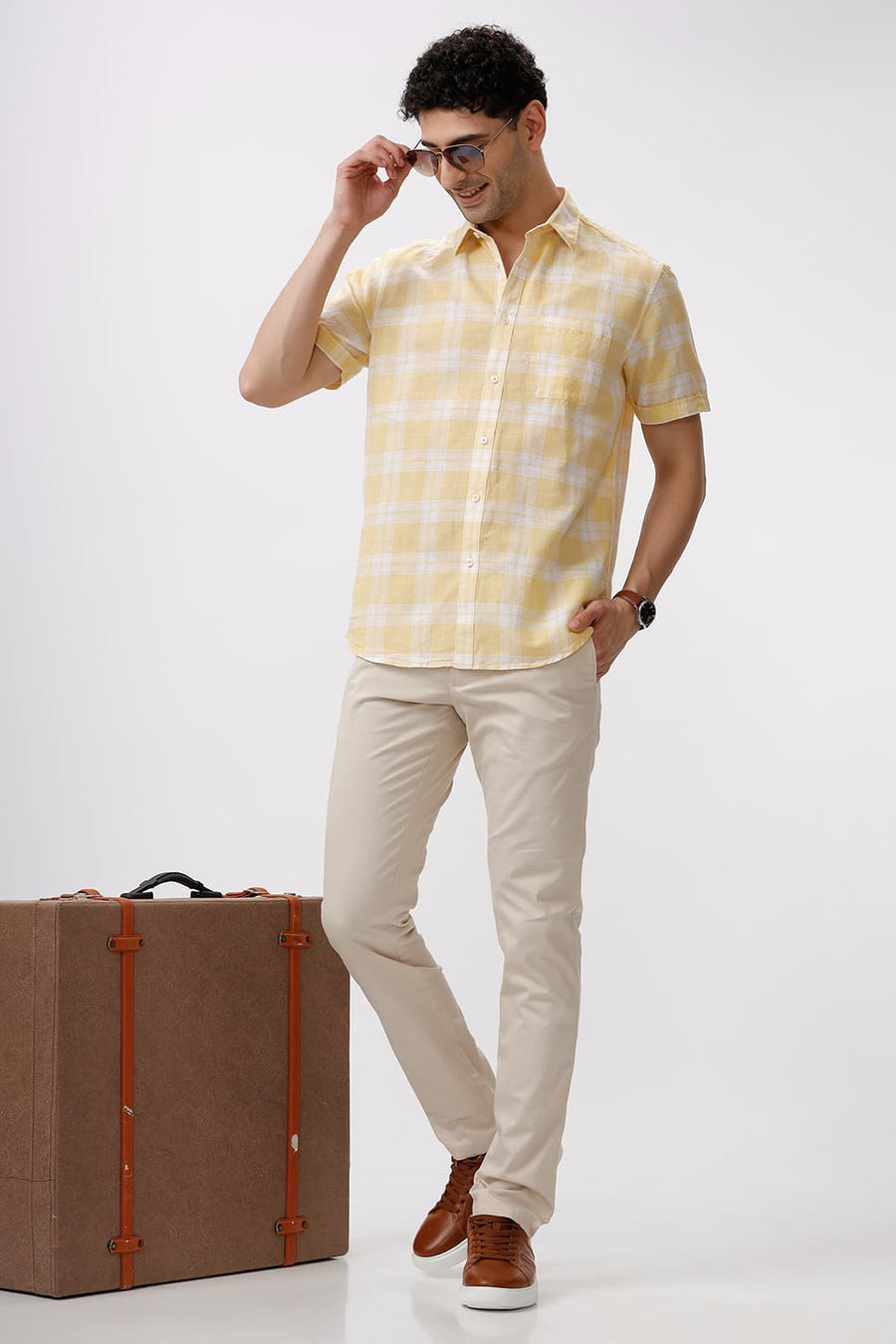 BASICS SLIM FIT YELLOW HAZE COTTON LINEN CHECKS HALFSLEEVES SHIRT