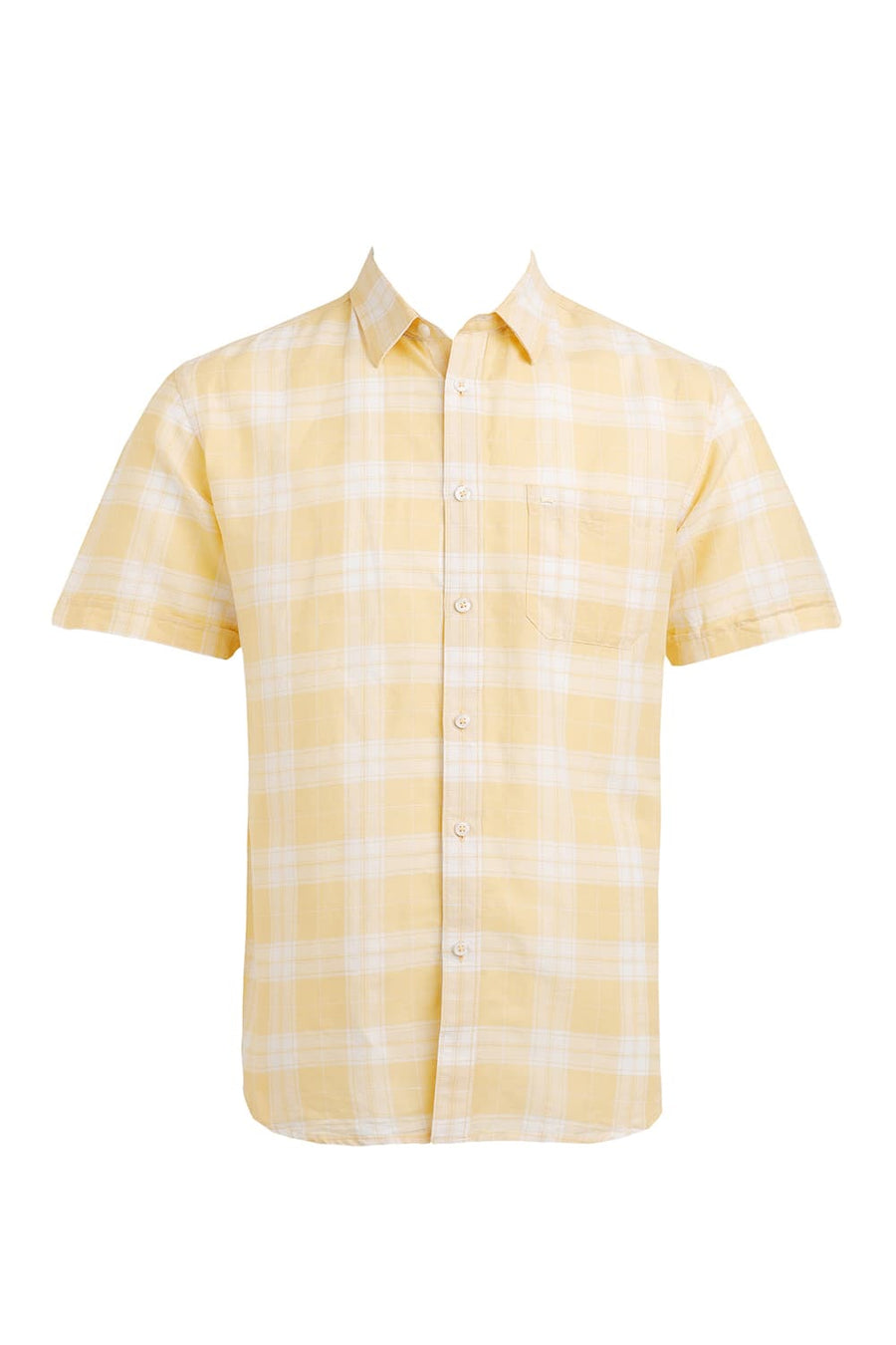 BASICS SLIM FIT YELLOW HAZE COTTON LINEN CHECKS HALFSLEEVES SHIRT