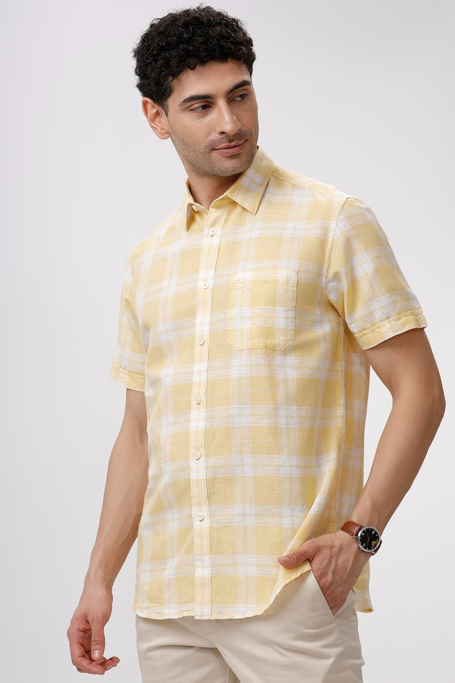 BASICS SLIM FIT YELLOW HAZE COTTON LINEN CHECKS HALFSLEEVES SHIRT