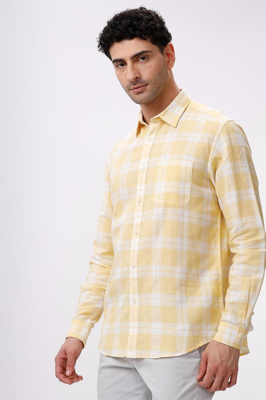 BASICS SLIM FIT YELLOW HAZE COTTON LINEN CHECKS SHIRT