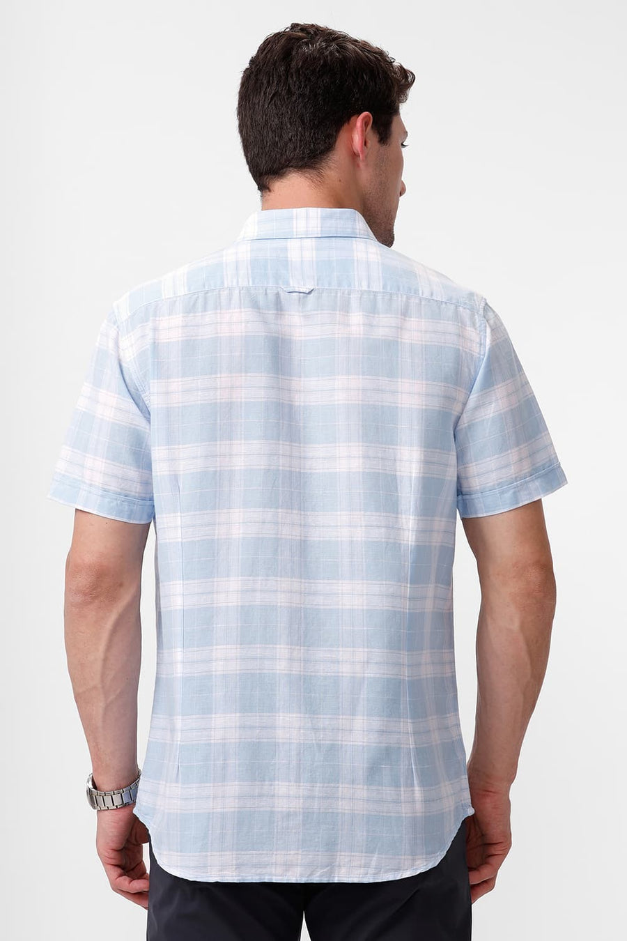 BASICS SLIM FIT POWDER BLUE COTTON LINEN CHECKS HALFSLEEVES SHIRT