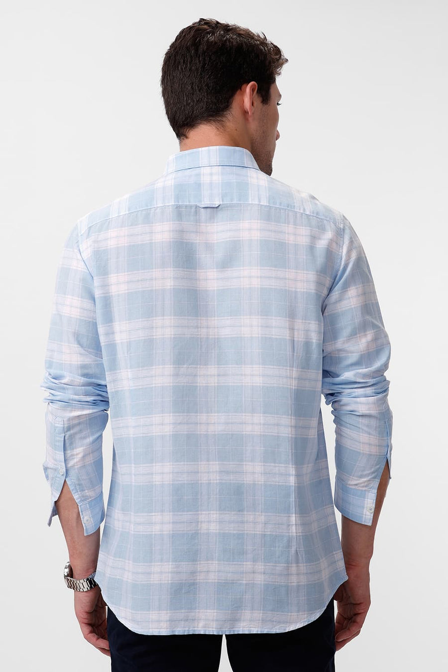 BASICS SLIM FIT POWDER BLUE COTTON LINEN CHECKS SHIRT