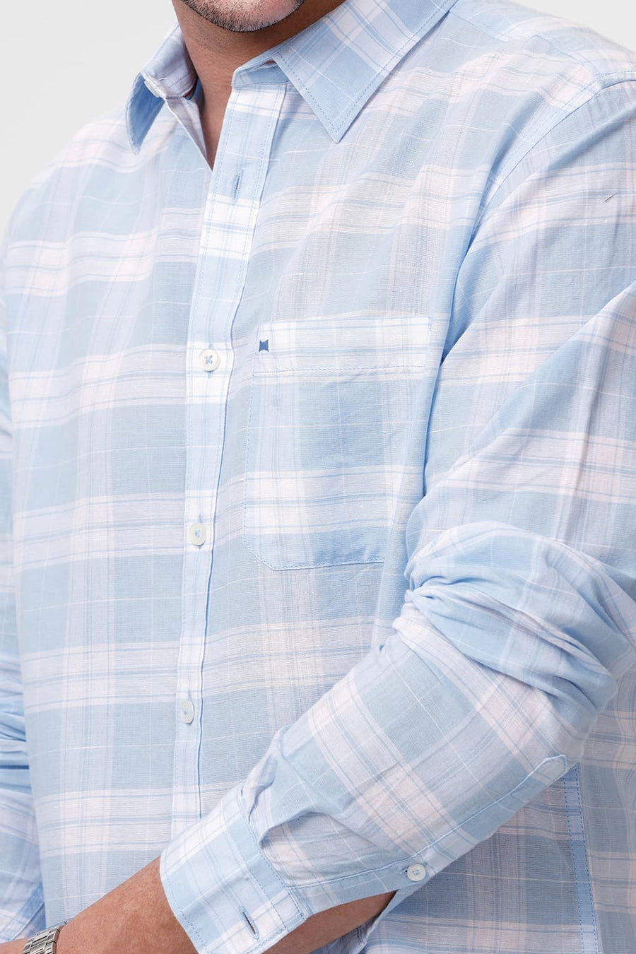 BASICS SLIM FIT POWDER BLUE COTTON LINEN CHECKS SHIRT