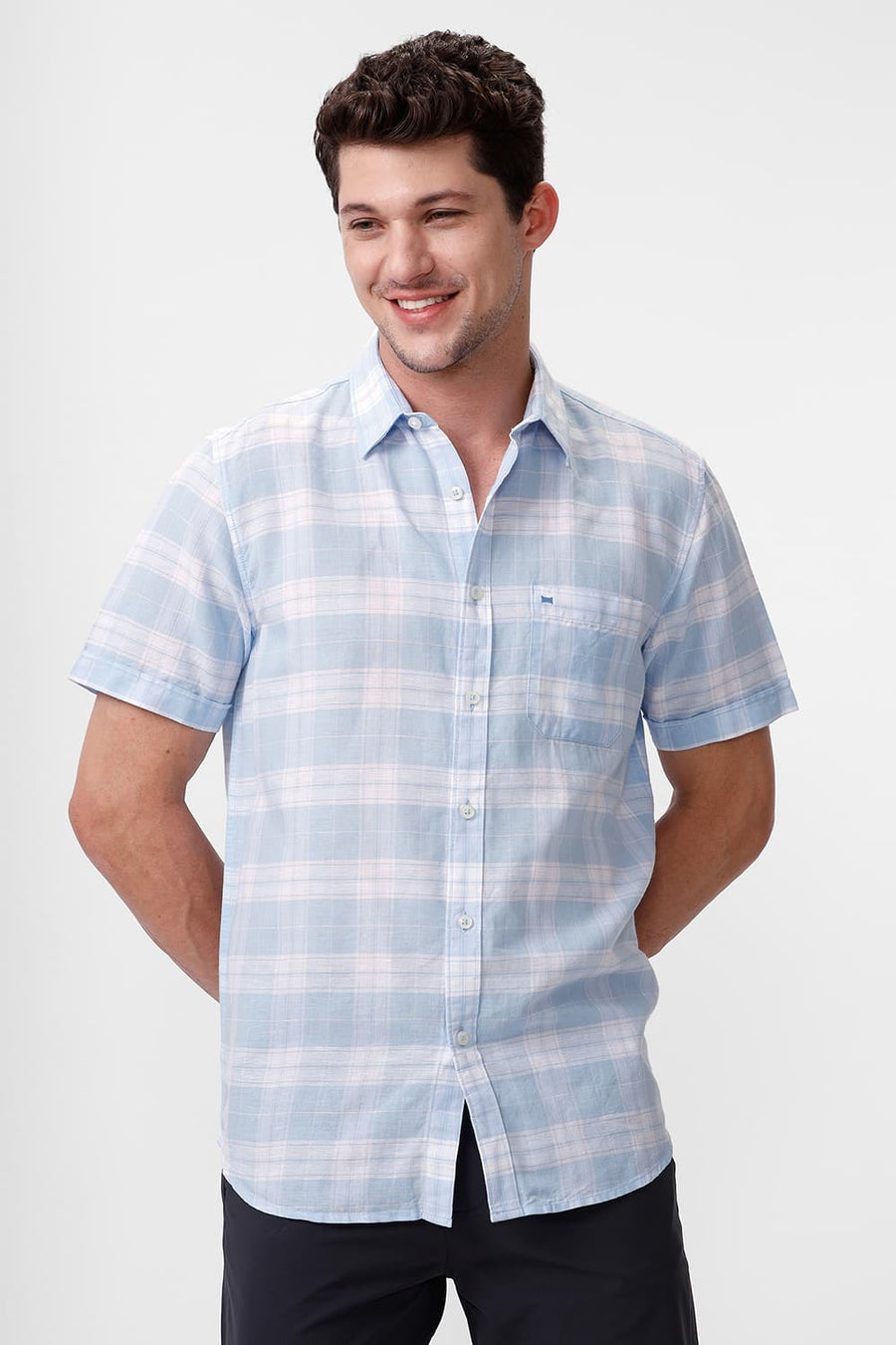 BASICS SLIM FIT POWDER BLUE COTTON LINEN CHECKS HALFSLEEVES SHIRT