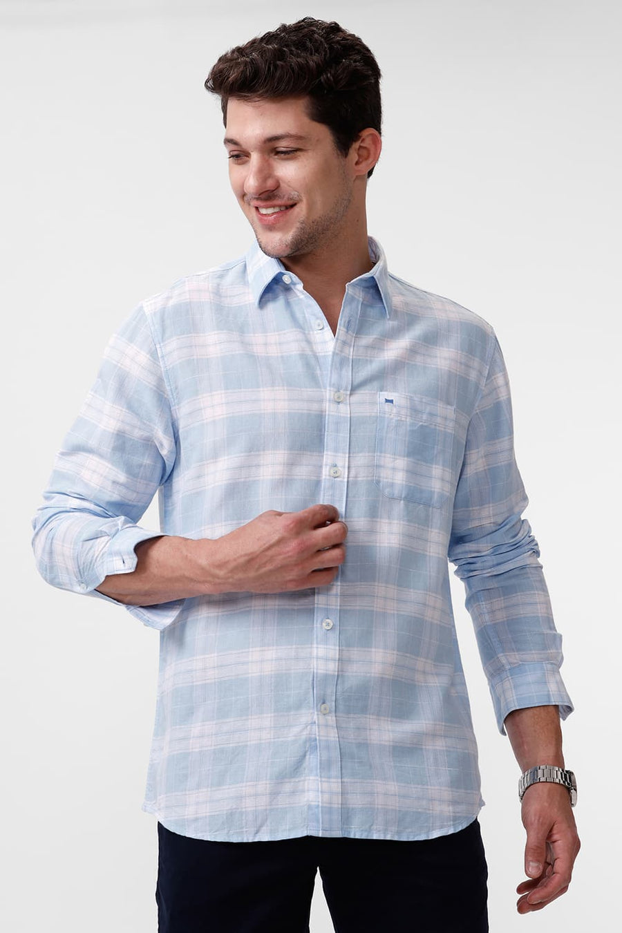 BASICS SLIM FIT POWDER BLUE COTTON LINEN CHECKS SHIRT