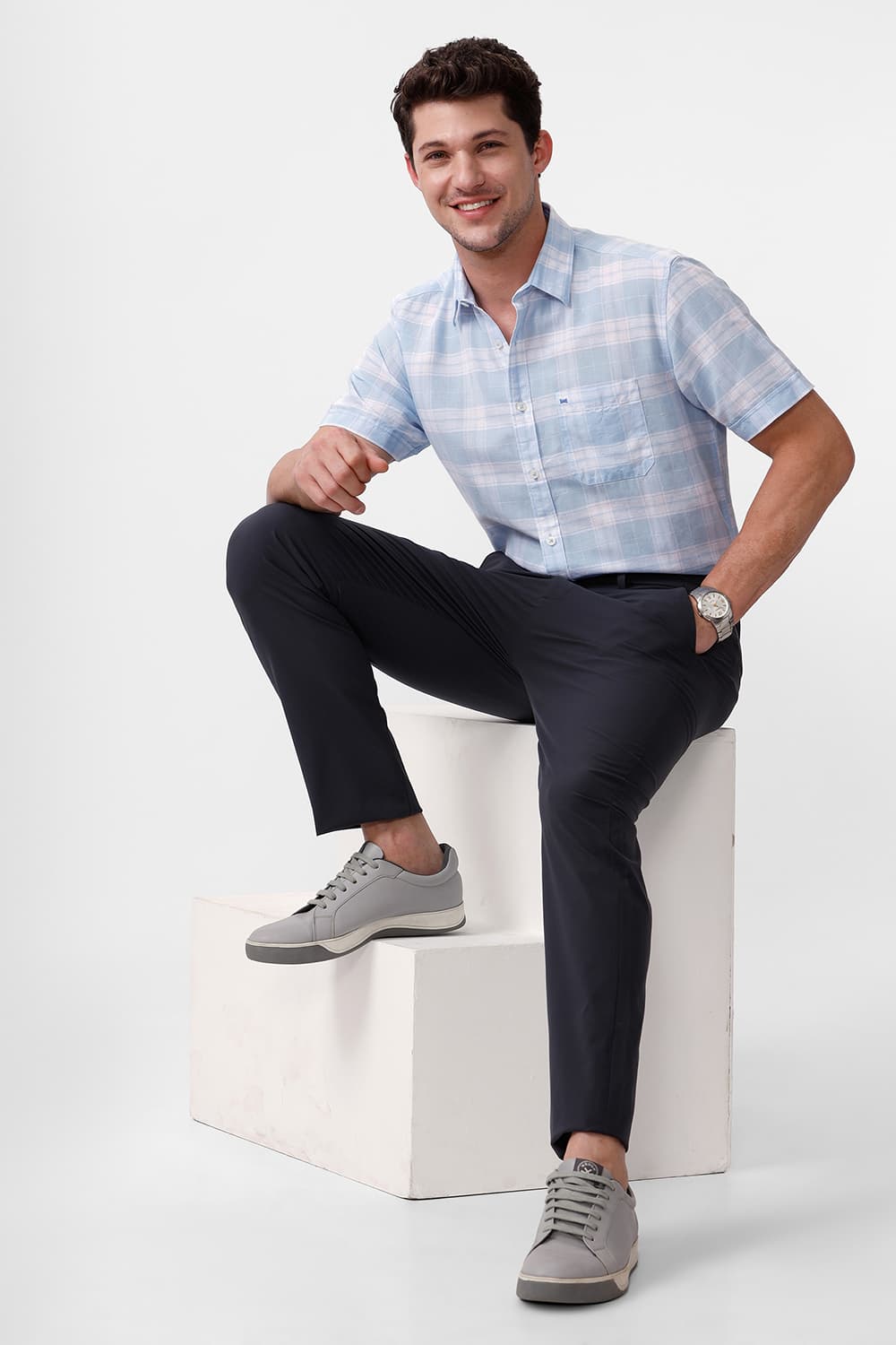SLIM FIT COTTON LINEN CHECKS HALFSLEEVES SHIRT