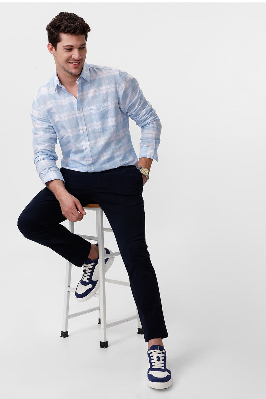BASICS SLIM FIT POWDER BLUE COTTON LINEN CHECKS SHIRT