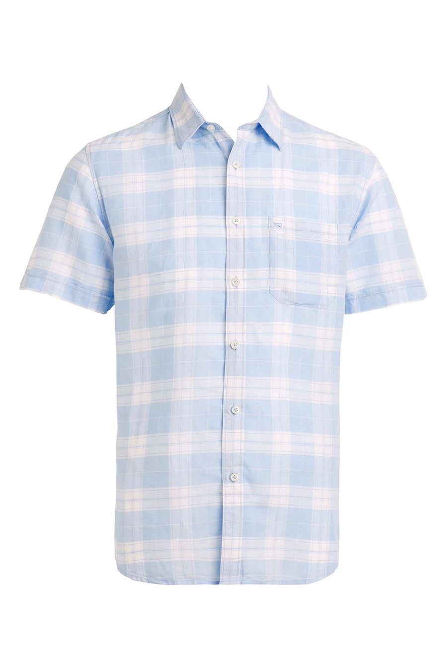 BASICS SLIM FIT POWDER BLUE COTTON LINEN CHECKS HALFSLEEVES SHIRT