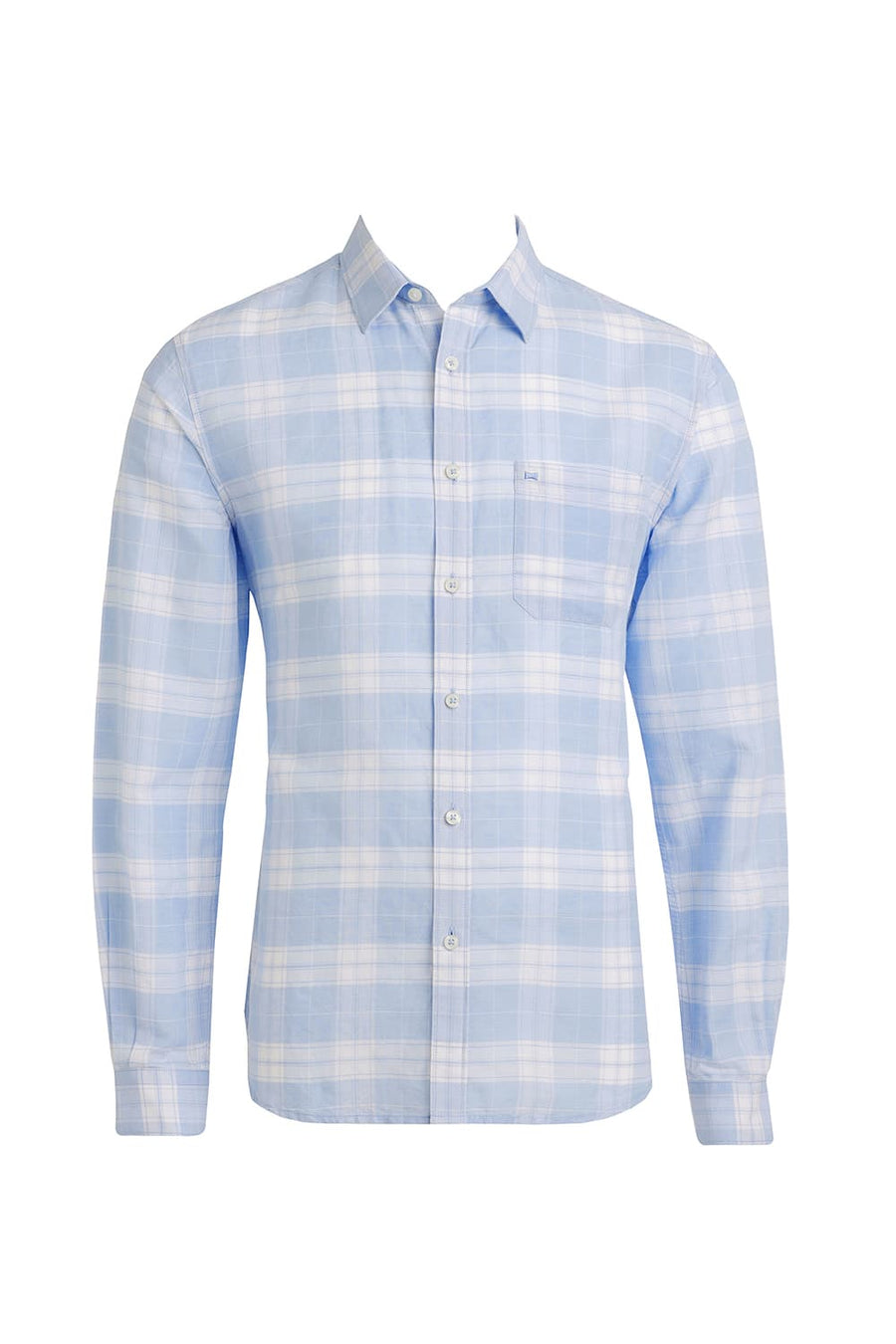 BASICS SLIM FIT POWDER BLUE COTTON LINEN CHECKS SHIRT