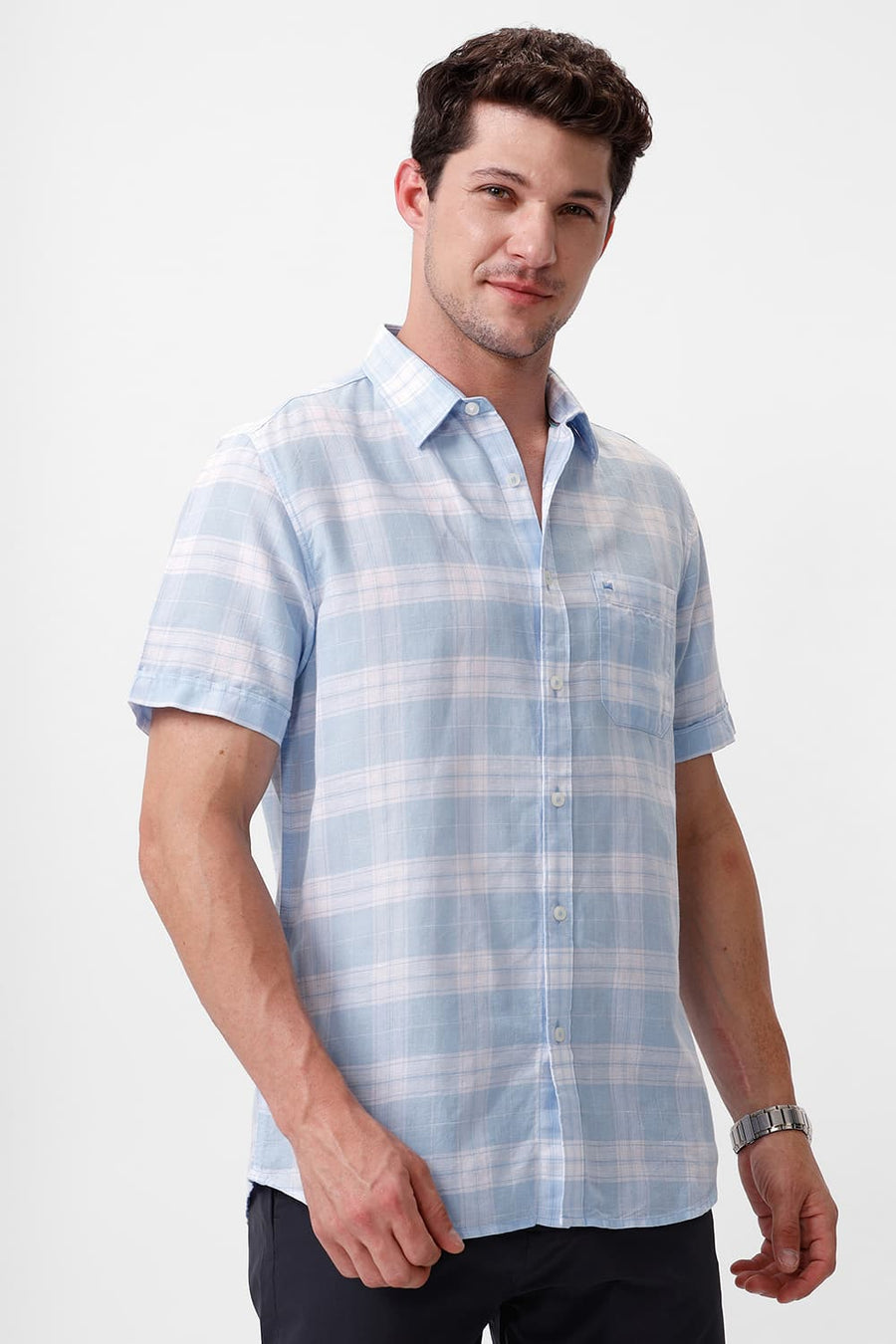 BASICS SLIM FIT POWDER BLUE COTTON LINEN CHECKS HALFSLEEVES SHIRT