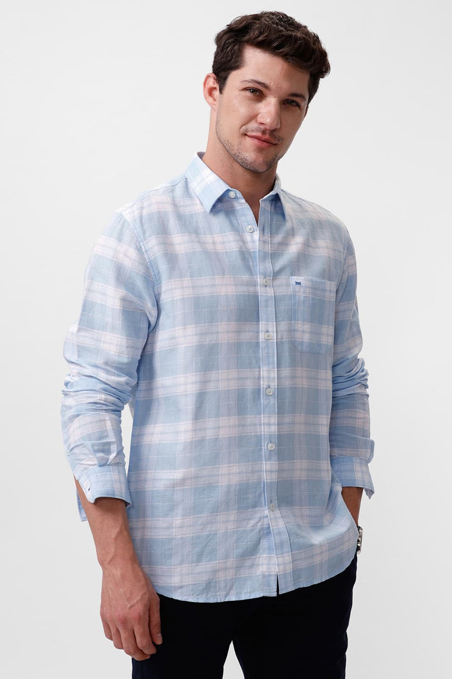 BASICS SLIM FIT POWDER BLUE COTTON LINEN CHECKS SHIRT