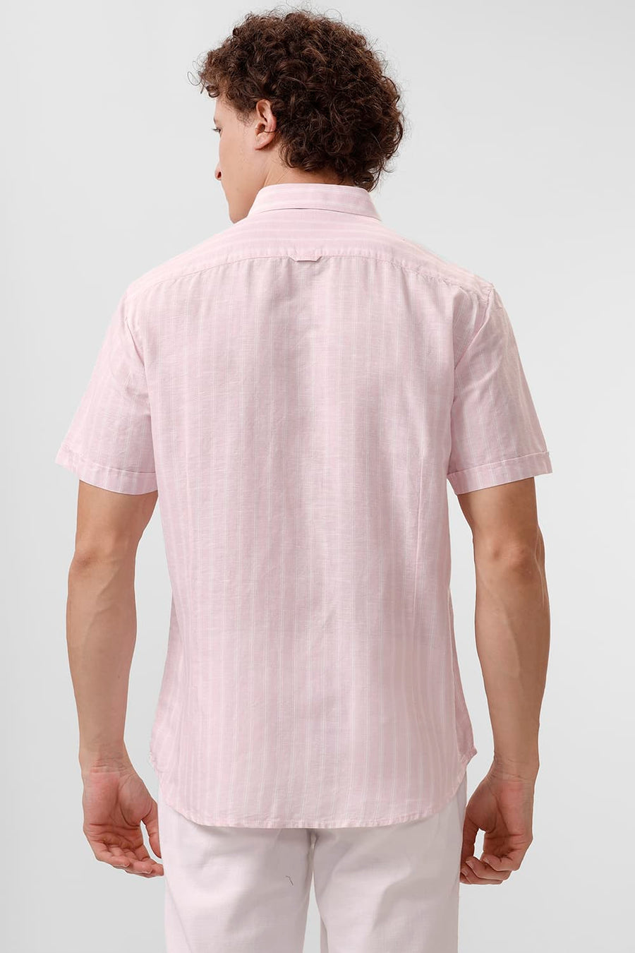 BASICS SLIM FIT CARINARIA PINK COTTON LINEN STRIPE HALFSLEEVES SHIRT
