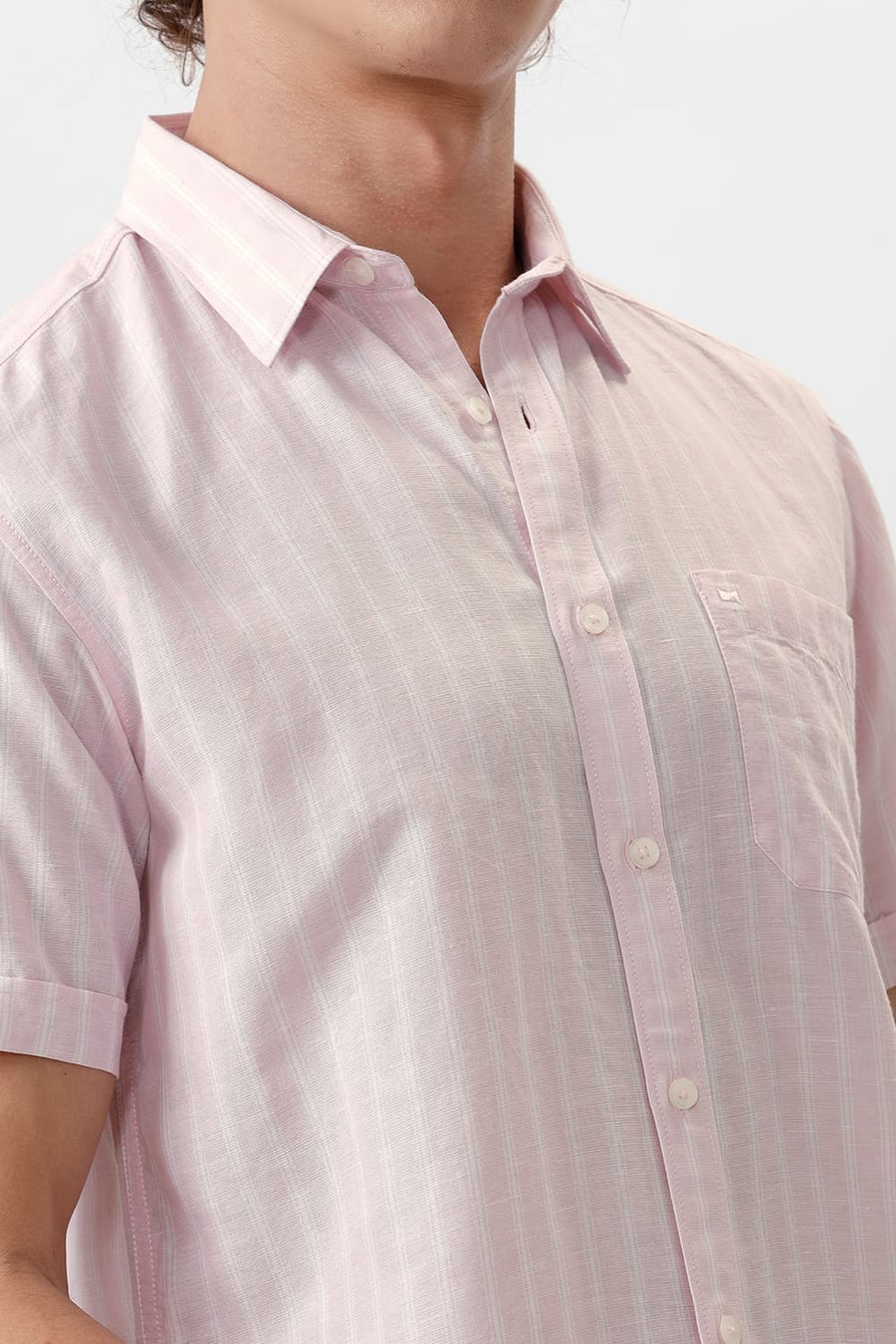 BASICS SLIM FIT CARINARIA PINK COTTON LINEN STRIPE HALFSLEEVES SHIRT