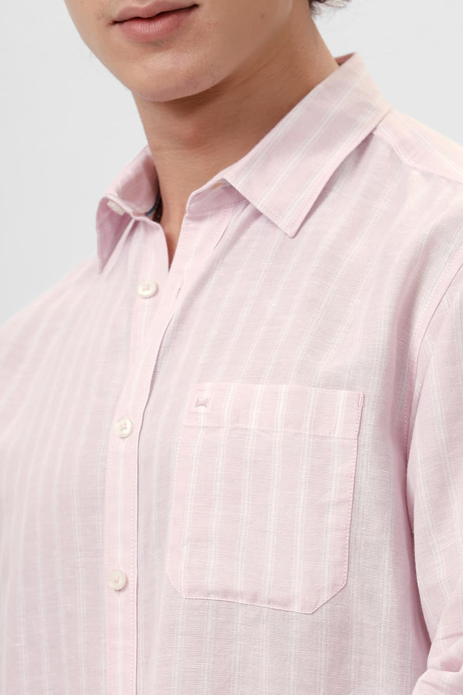 BASICS SLIM FIT CARINARIA PINK COTTON LINEN STRIPE SHIRT
