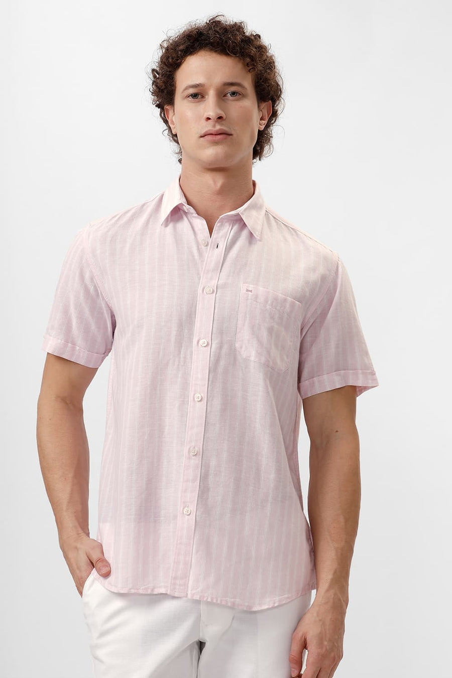 BASICS SLIM FIT CARINARIA PINK COTTON LINEN STRIPE HALFSLEEVES SHIRT