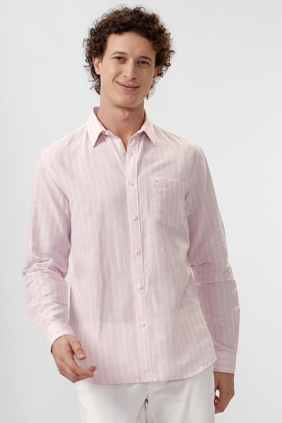 BASICS SLIM FIT CARINARIA PINK COTTON LINEN STRIPE SHIRT