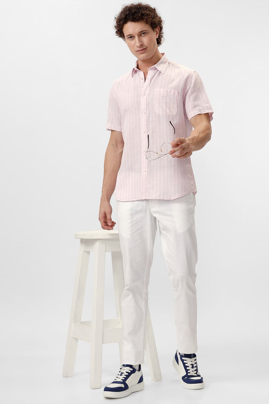BASICS SLIM FIT CARINARIA PINK COTTON LINEN STRIPE HALFSLEEVES SHIRT
