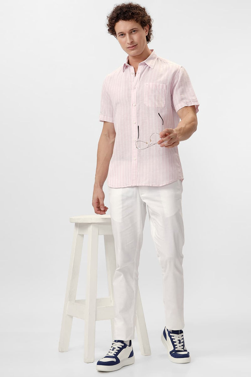 SLIM FIT COTTON LINEN STRIPE HALFSLEEVES SHIRT