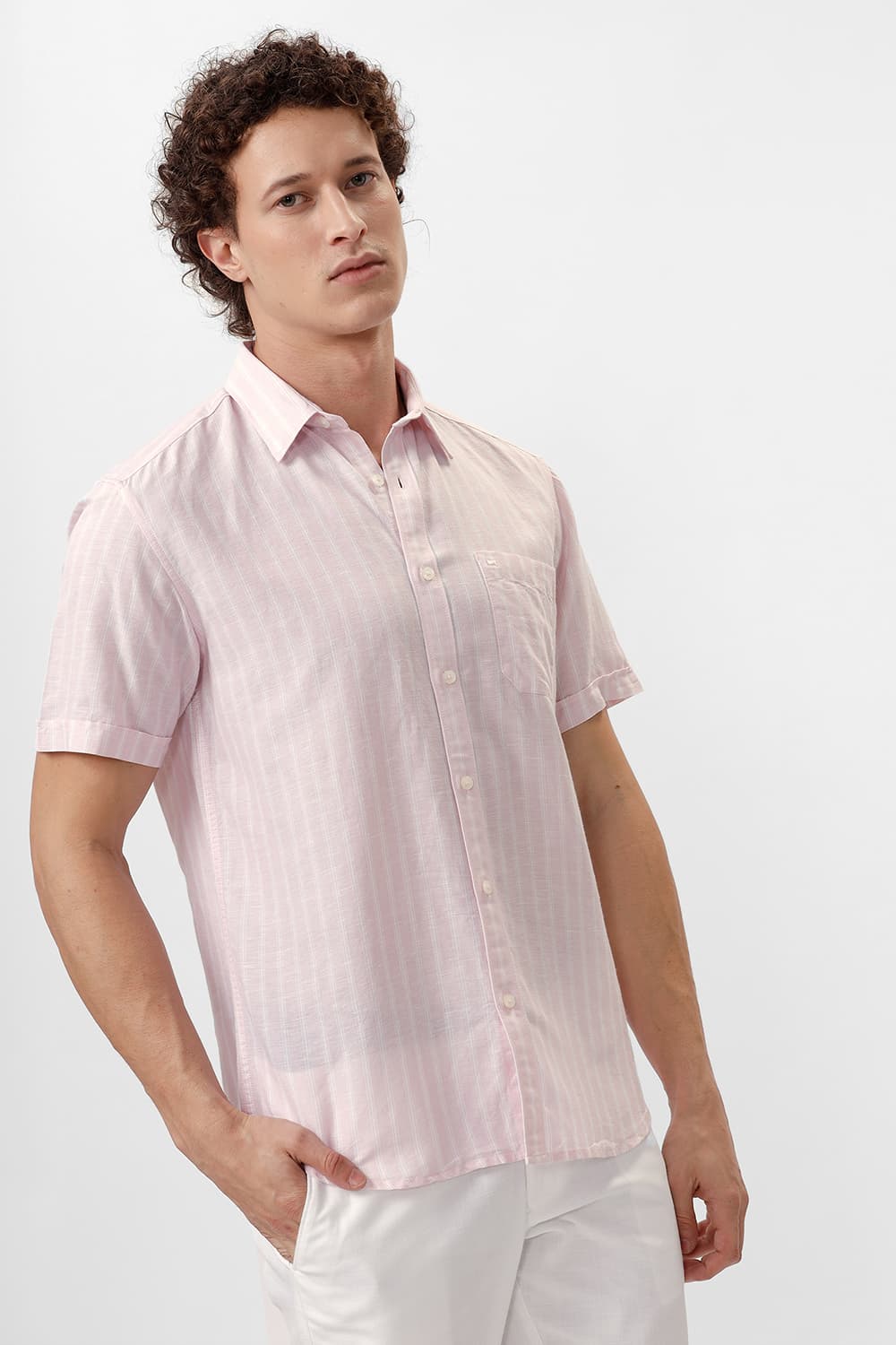 SLIM FIT COTTON LINEN STRIPE HALFSLEEVES SHIRT