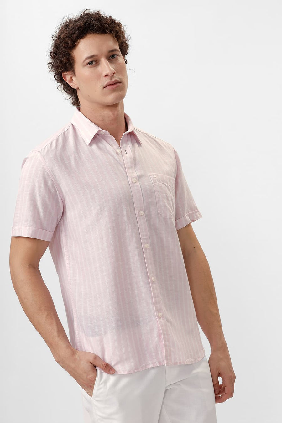 BASICS SLIM FIT CARINARIA PINK COTTON LINEN STRIPE HALFSLEEVES SHIRT