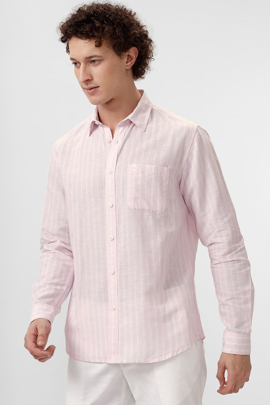 BASICS SLIM FIT CARINARIA PINK COTTON LINEN STRIPE SHIRT
