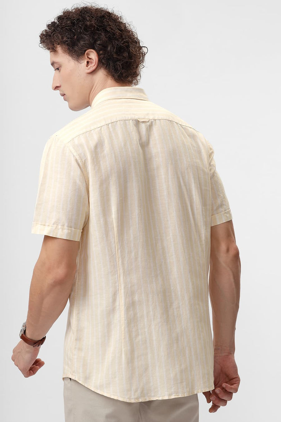 BASICS SLIM FIT CREAM YELLOW COTTON LINEN STRIPE SHIRT