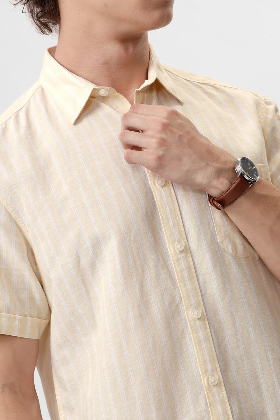 BASICS SLIM FIT CREAM YELLOW COTTON LINEN STRIPE HALFSLEEVES SHIRT